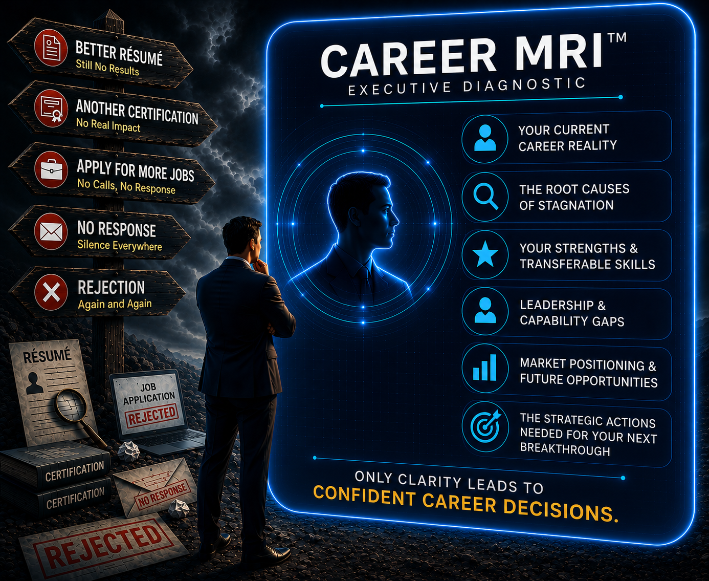 Career MRI Executive Diagnostic: a professional reviewing a digital career health scan with the C.L.O.S.E. roadmap ahead