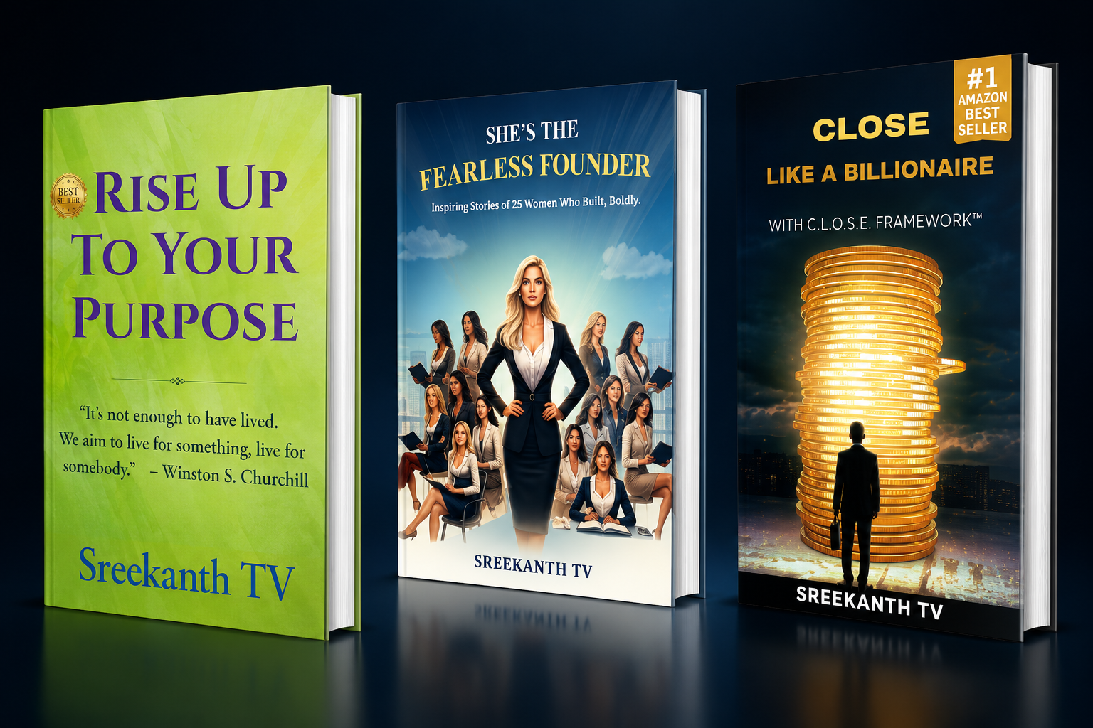 Bestselling books by Sreekanth TV: Rise Up To Your Purpose, She's The Fearless Founder, and Close Like A Billionaire